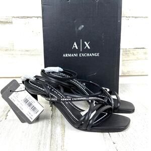 Armani Exchange Womens 6 Black Leather Strappy Buckle Square Heel Sandals NEW